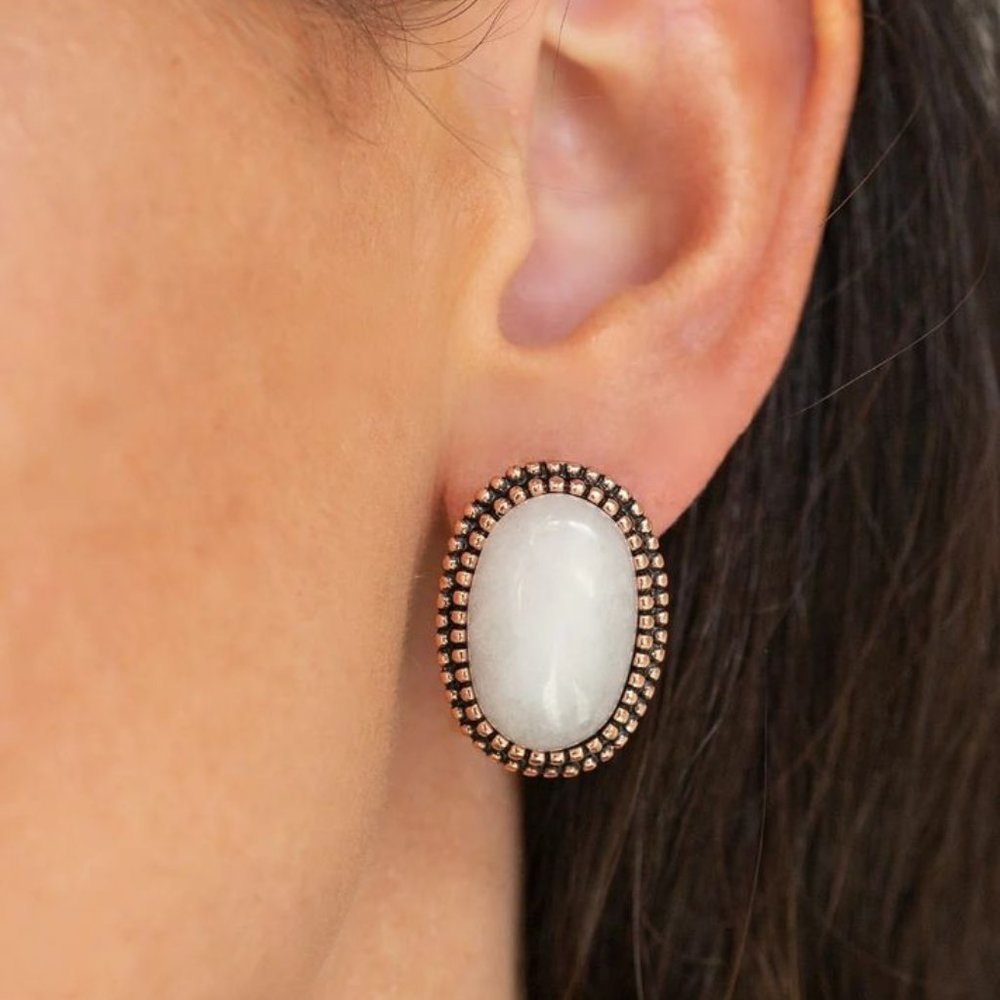 Earrings, Post, copper frame, glassy white marble stone,